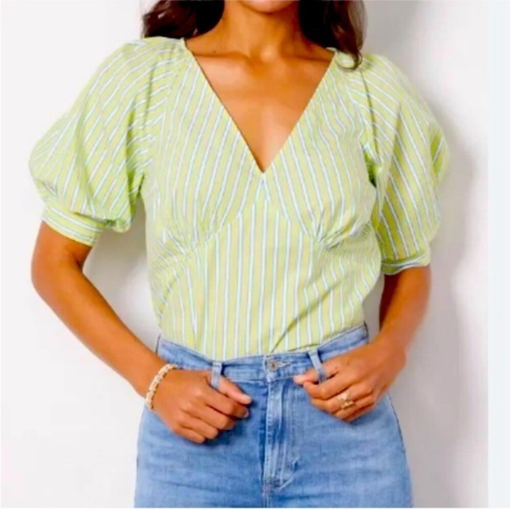 Evereve Sanctuary Poplin Blouse - M green striped , poplin cotton , NWOT
